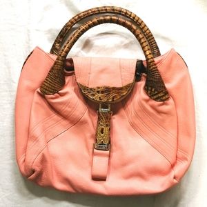 Fendi Pink Leather Bag with Snakeskin Print Handle and Attached Change Purse